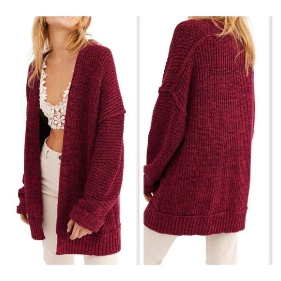 Free People High Hopes Burgundy Marled Drop Shoulder Open Cardigan Size Small - Picture 1 of 9